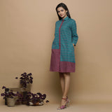 Teal Peter Pan Collar Ikat Cotton Knee Length Shirt Dress