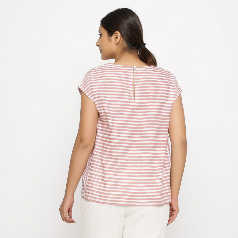 Back View of a Model Wearing Pink and White Hand Screen Print Gathered Top