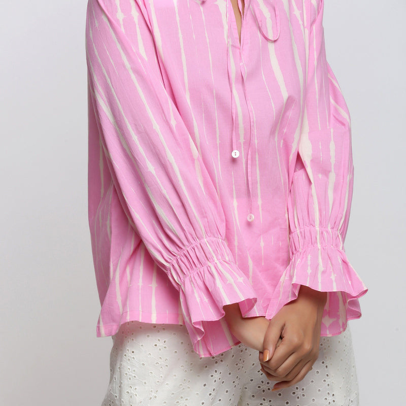 Front Detail of a Model wearing Pink Hand Tie Dyed Shirred Blouson Top