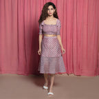 Front View of a Model wearing Pink Chanderi Block Print Shirred Crop Top