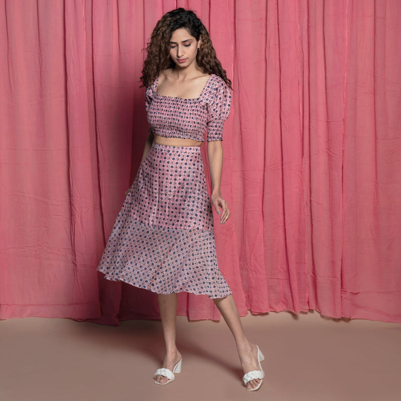 Front View of a Model wearing Pink Chanderi Block Print Shirred Crop Top