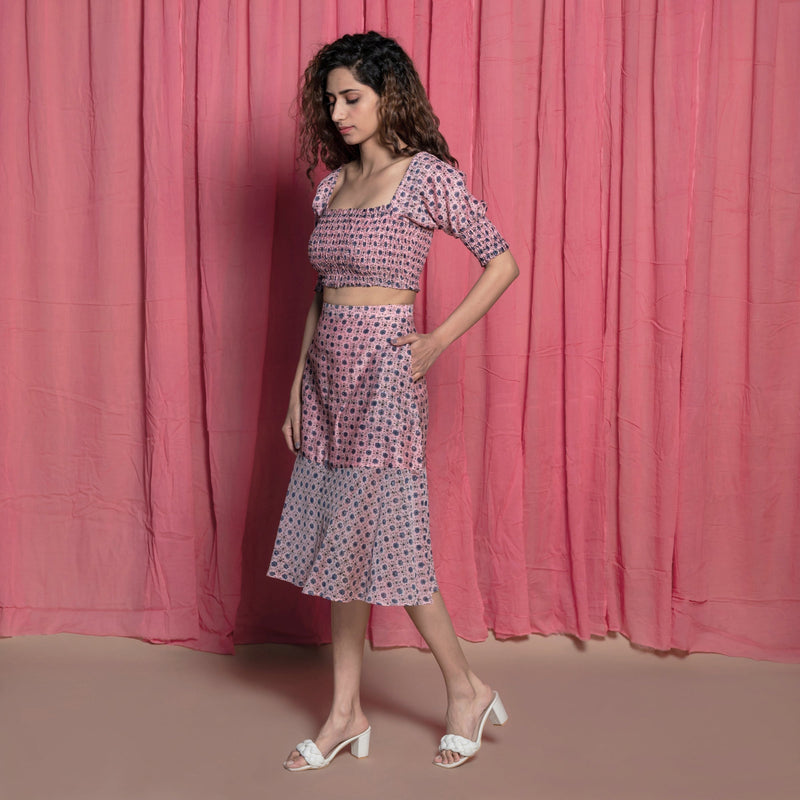 Left View of a Model wearing Pink Chanderi Block Print Shirred Crop Top