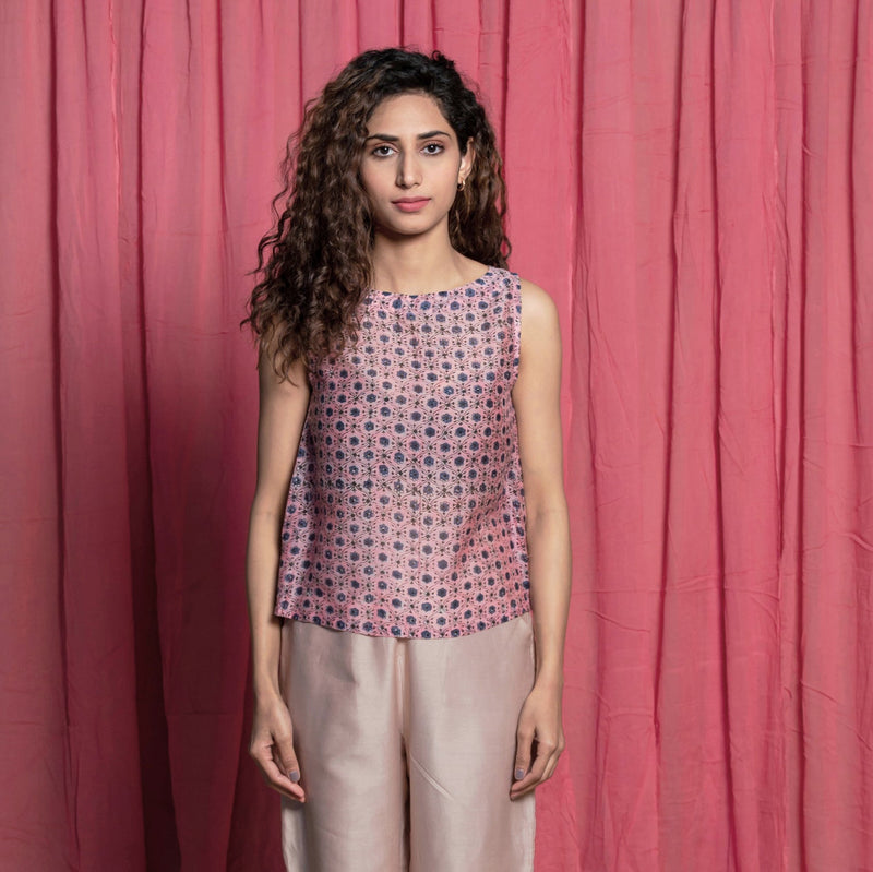 Front View of a Model wearing Pink Chanderi Hand Block Print Straight Top