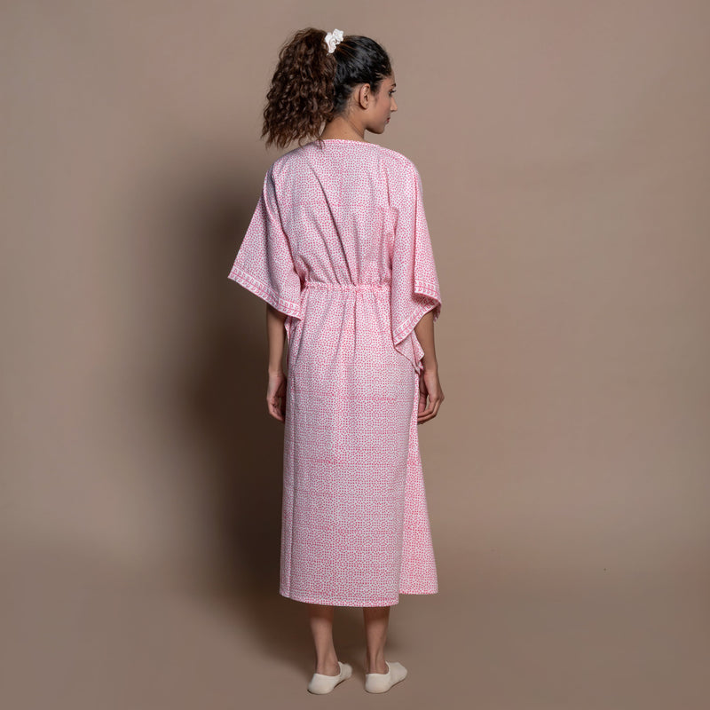 Back View of a Model wearing Pink Hand Block Printed Cotton Kaftan