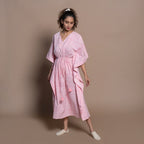 Front View of a Model wearing Pink Hand Block Printed Cotton Kaftan