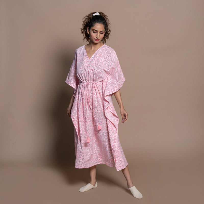 Front View of a Model wearing Pink Hand Block Printed Cotton Kaftan