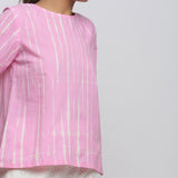 Front Detail of a Model wearing Pink Hand Tie Dyed Cotton Flared Top