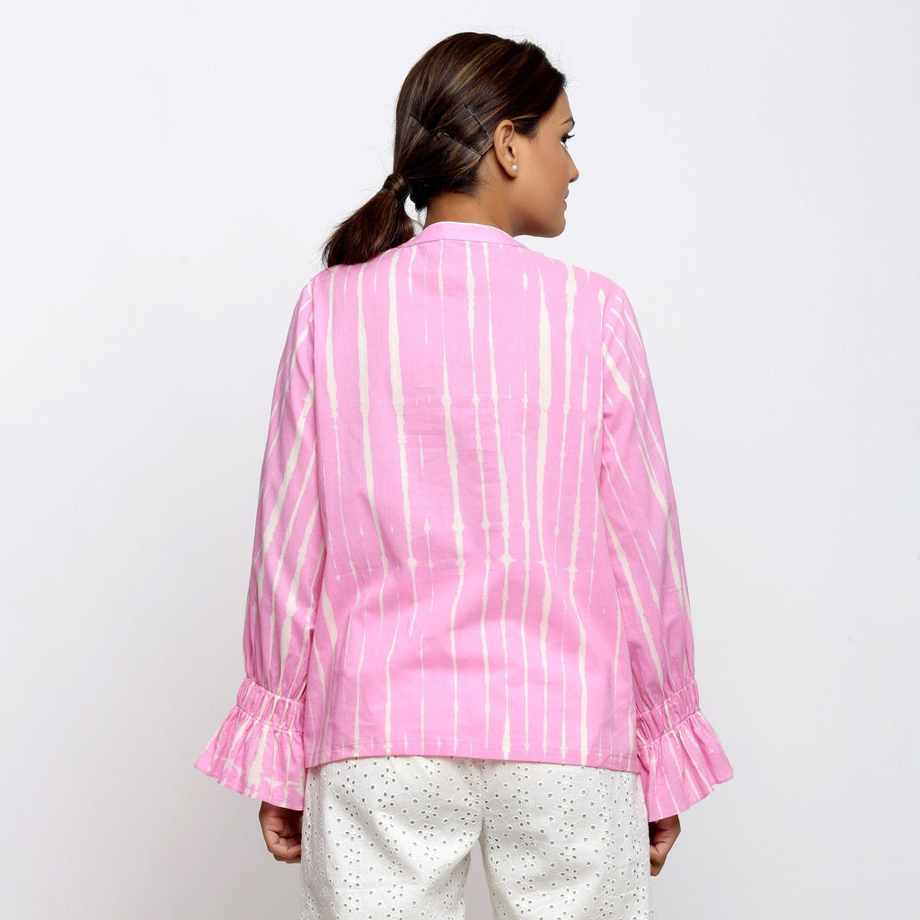 Back View of a Model wearing Pink Hand Tie Dyed Shirred Blouson Top