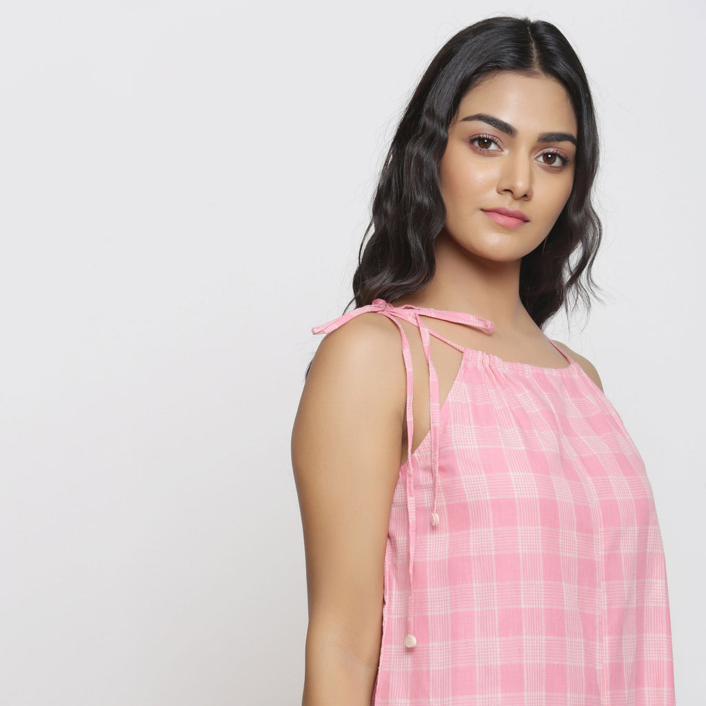 Right View of a Model wearing Pink Handspun Cotton Paneled Jumpsuit