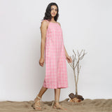 Right View of a Model wearing Pink Handspun Cotton Paneled Jumpsuit