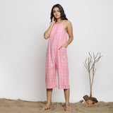 Front View of a Model wearing Pink Handspun Cotton Paneled Jumpsuit