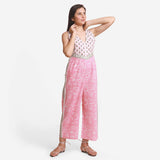 Right View of a Model wearing Pink Paisley Straight Cotton Jumpsuit