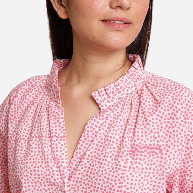 Front Detail of a Model wearing Pink Sanganeri Block Print V-Neck Blouse