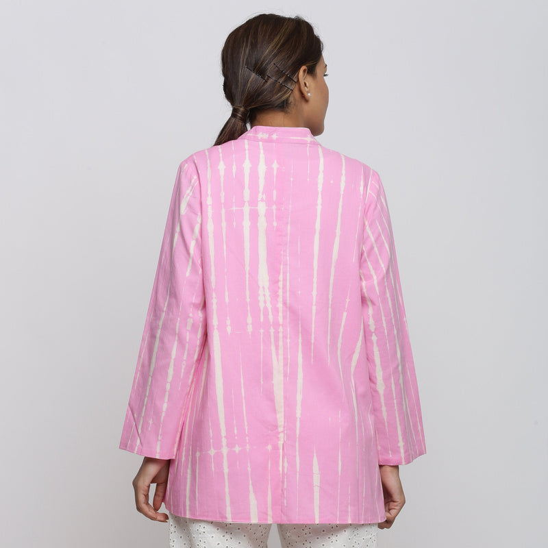 Back View of a Model wearing Pink Tie Dyed Button-Down Jacket