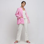 Right View of a Model wearing Pink Tie Dyed Button-Down Jacket