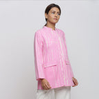 Right View of a Model wearing Pink Tie Dyed Button-Down Jacket
