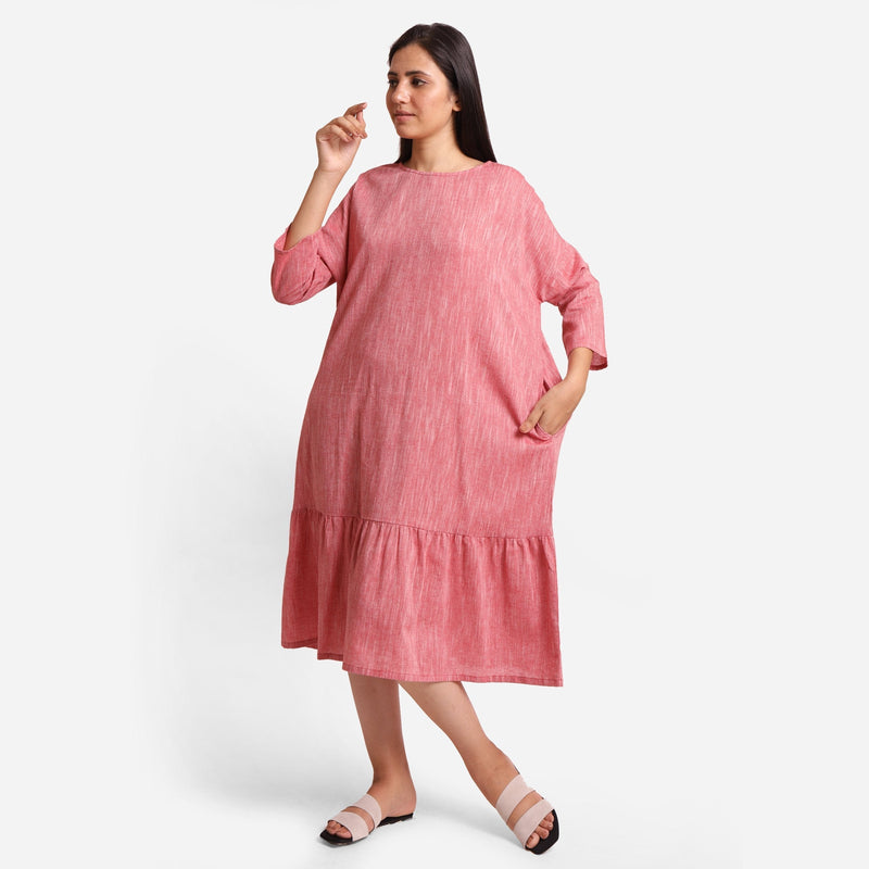 Front View of a Model wearing Pink Yarn Dyed Cotton Tier Dress