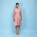 Front View of a Model wearing Powder Pink Block Print 100% Cotton Knee-Length Kaftan Dress