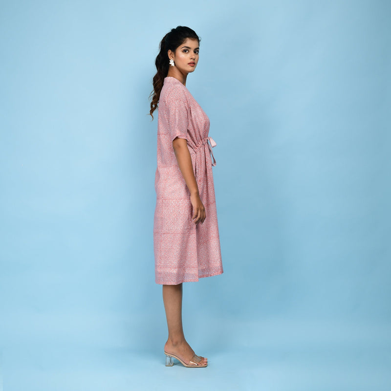 Right View of a Model wearing Powder Pink Block Print 100% Cotton Knee-Length Kaftan Dress