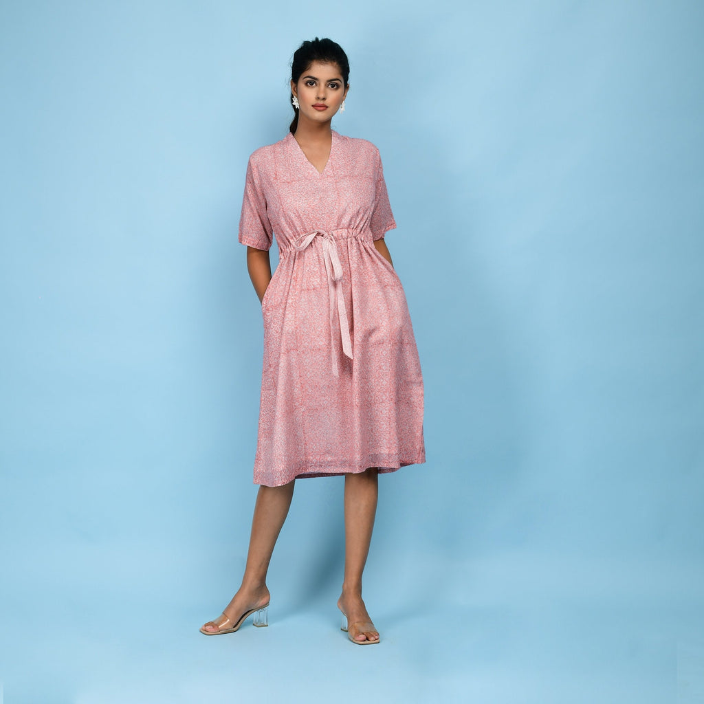 Front View of a Model wearing Powder Pink Block Print 100% Cotton Knee-Length Kaftan Dress