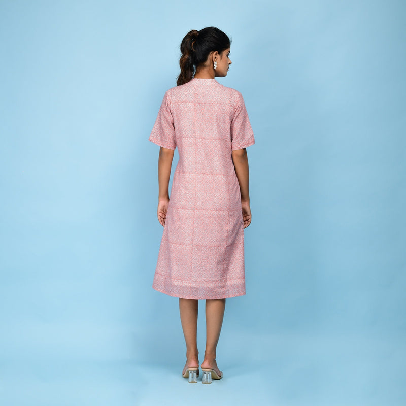 Back View of a Model wearing Powder Pink Block Print 100% Cotton Knee-Length Kaftan Dress