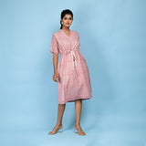 Front View of a Model wearing Powder Pink Block Print 100% Cotton Knee-Length Kaftan Dress
