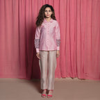 Front View of a Model wearing Powder Pink Block Print Chanderi Shirt Top