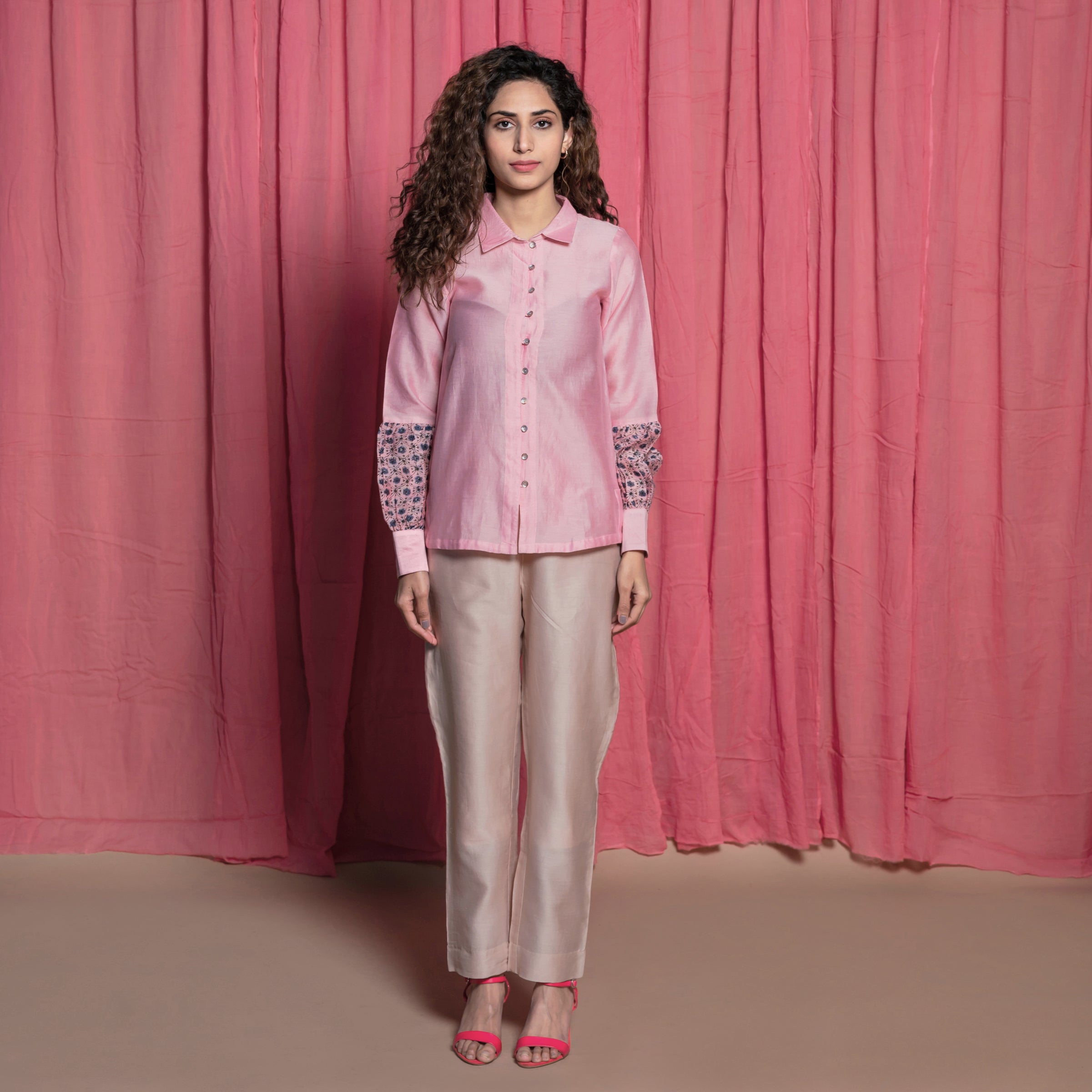 Front View of a Model wearing Powder Pink Block Print Chanderi Shirt Top