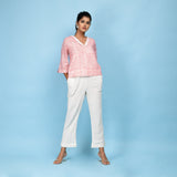 Front View of a Model wearing Powder Pink Block Printed 100% Cotton Chelsea Collar Shirt Top