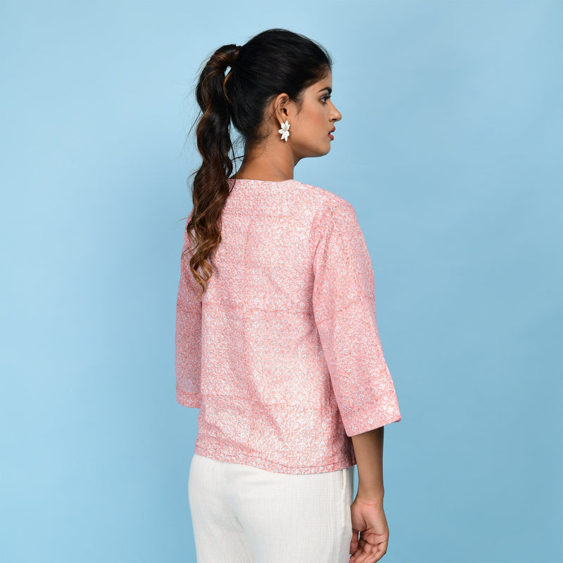 Back View of a Model wearing Powder Pink Block Printed 100% Cotton Chelsea Collar Shirt Top