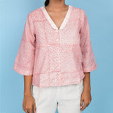 Front Detail of a Model wearing Powder Pink Block Printed 100% Cotton Chelsea Collar Shirt Top