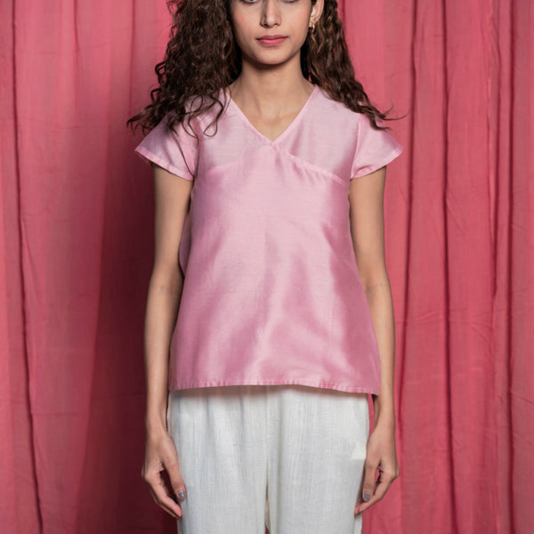 Front Detail of a Model wearing Powder Pink Chanderi A-Line Top