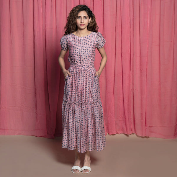 Front View of a Model wearing Powder Pink Chanderi Block Print Tier Peasant Dress