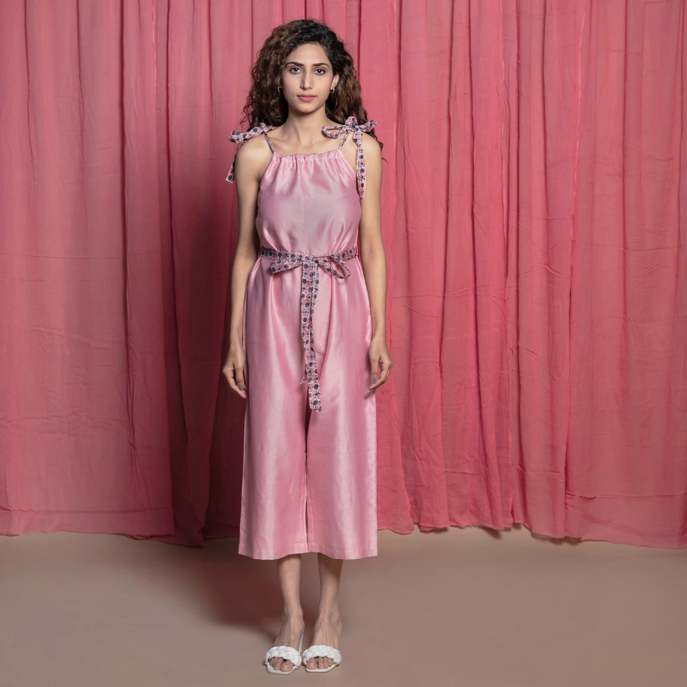 Front View of a Model wearing Powder Pink Chanderi Straight Midi Jumpsuit