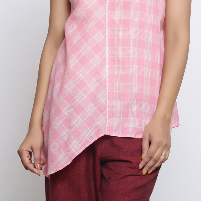 Front Detail of a Model wearing Powder Pink Checkered Cotton Paneled Top