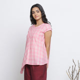 Left View of a Model wearing Powder Pink Checkered Cotton Paneled Top