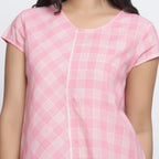 Front Detail of a Model wearing Powder Pink Checkered Cotton Paneled Top