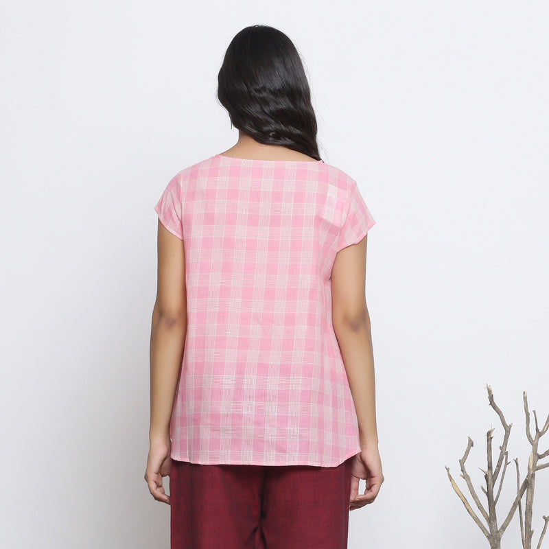 Back View of a Model wearing Powder Pink Checkered Cotton Paneled Top