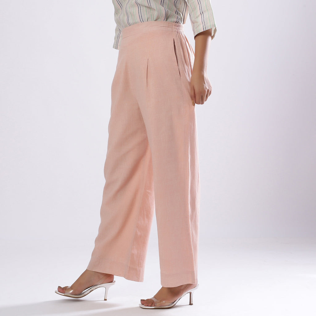 Powder Pink Handspun Cotton Elasticated Mid-Rise Flared Pant