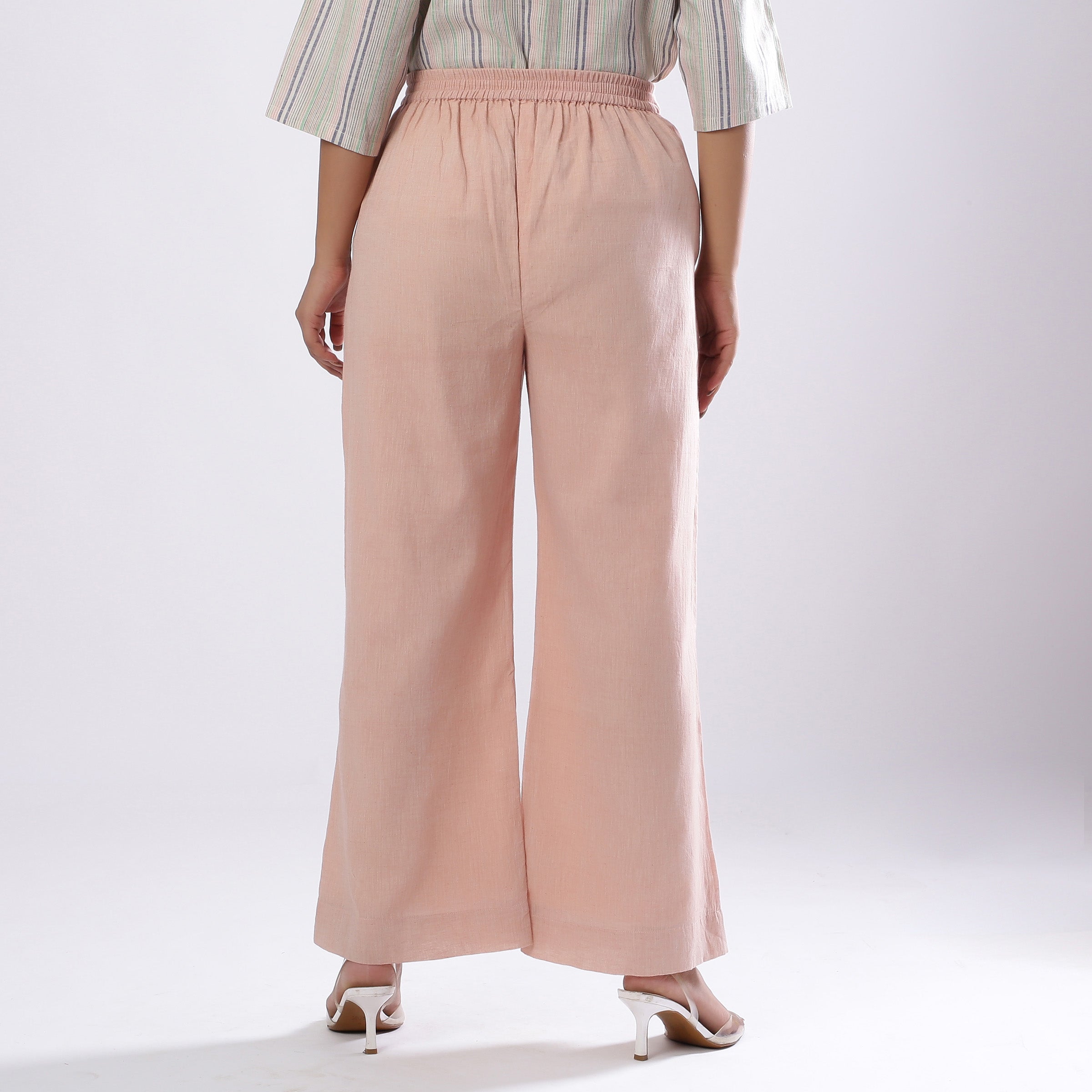Powder Pink Handspun Cotton Elasticated Mid-Rise Flared Pant