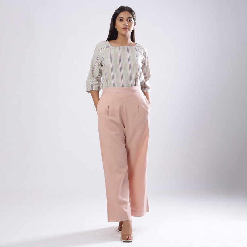 Powder Pink Handspun Cotton Elasticated Mid-Rise Flared Pant