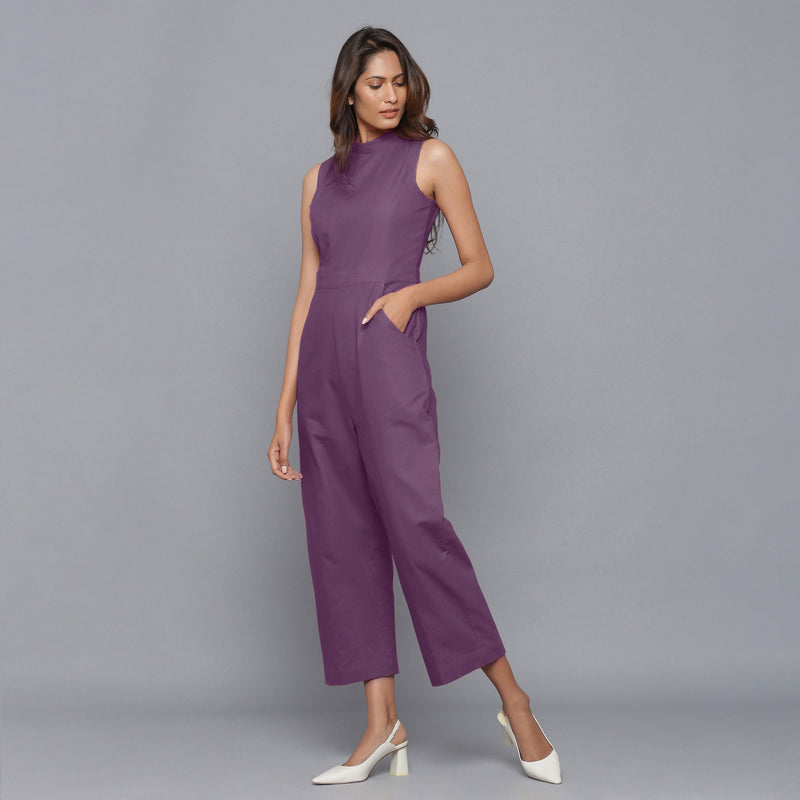 Front View of a Model wearing Purple Flannel Sleeveless Jumpsuit