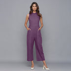 Front View of a Model wearing Purple Flannel Sleeveless Jumpsuit