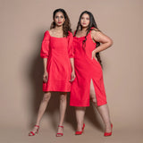 Front View of a Model wearing Red Cotton Velvet A-Line Panelled Dress