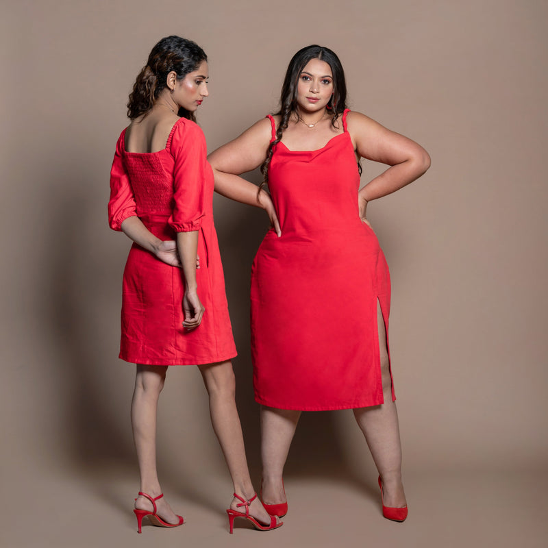 Back View of a Model wearing Red Cotton Velvet A-Line Panelled Dress