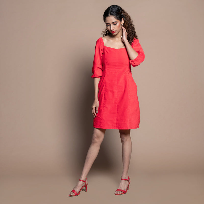 Front View of a Model wearing Red Cotton Velvet A-Line Panelled Dress