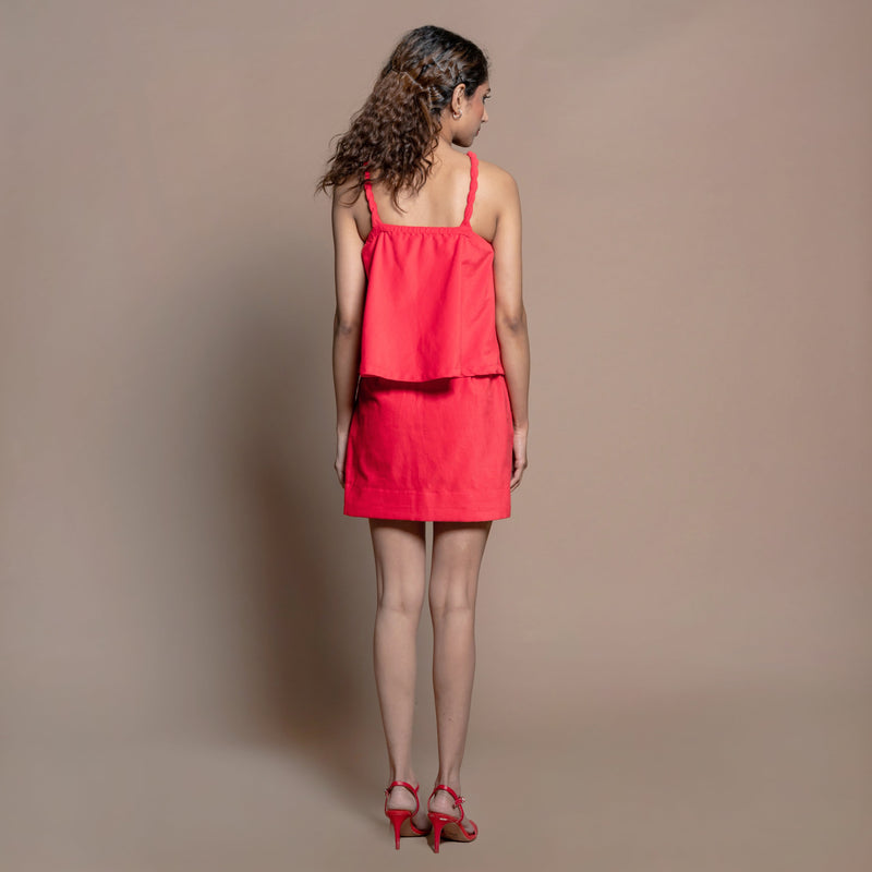 Back View of a Model wearing Red Cotton Velvet A-Line Short Skirt