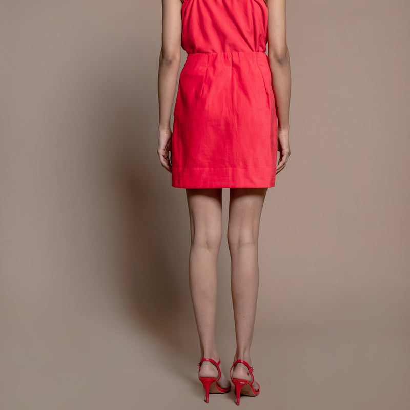 Back View of a Model wearing Red Cotton Velvet A-Line Short Skirt