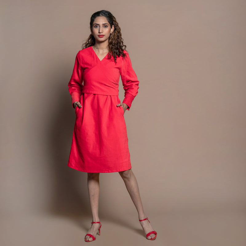 Front View of a Model wearing Red Cotton Velvet A-Line Wrap Dress