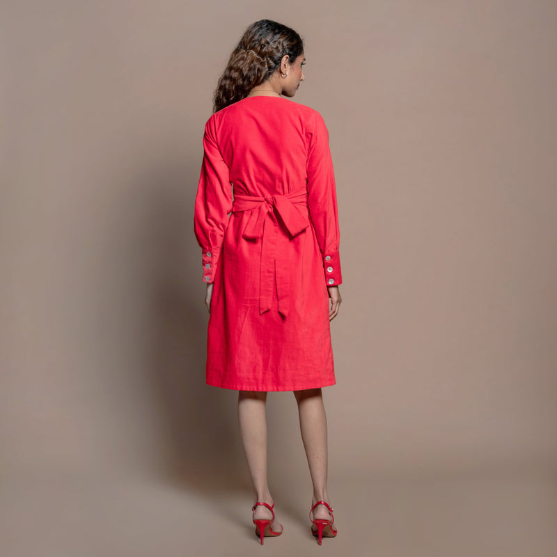 Back View of a Model wearing Red Cotton Velvet A-Line Wrap Dress